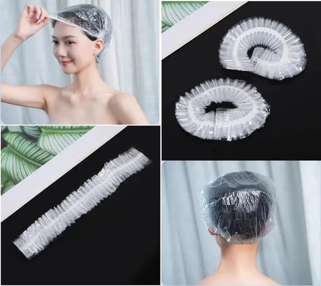 Alt view image 3 of 7 - 200 PCS Disposable Shower Caps Plastic Clear Hair Cap Elastic Waterproof Hair Bath Caps Thickening Shower Cap for Women Men Kids Girls Hotel and Hair Salon Travel Spa Home Use Beauty Salon Accessories