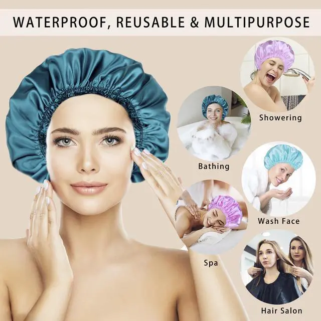 Alt view image 2 of 7 - Shower Caps for Women, 4 PCS Reusable Waterproof Bath Cap