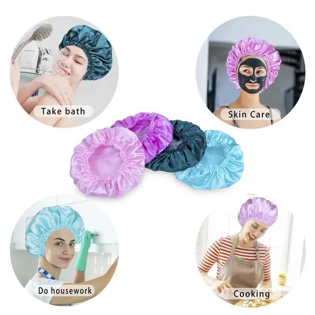 Alt view image 5 of 7 - Shower Caps for Women, 4 PCS Reusable Waterproof Bath Cap