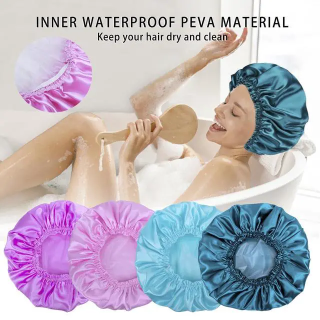 Alt view image 7 of 7 - Shower Caps for Women, 4 PCS Reusable Waterproof Bath Cap