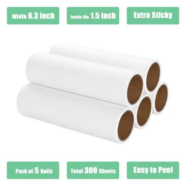 Alt view image 3 of 7 - 6.3 inch Lint Roller Refills Only, Extra Sticky Lint Remover Refills for Pet Hair Sticky Roller Refill Adhesive Tape Easy Peel 60 Sheets per Roll, Pack of 5, Total 300 Sheets (6.3'' Wide)