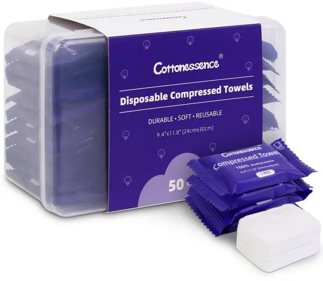 Main image of Premium Compressed Towels (50-Pack) - 9.4" x 11.8" Individually Wrapped Coin Tissues, Portable Towels for Travel, Hiking, Gym, Spa, Beauty Salon, Makeup, Baby Care, Outdoor Use