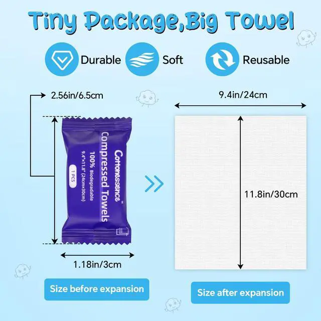 Alt view image 2 of 7 - Premium Compressed Towels (50-Pack) - 9.4" x 11.8" Individually Wrapped Coin Tissues, Portable Towels for Travel, Hiking, Gym, Spa, Beauty Salon, Makeup, Baby Care, Outdoor Use