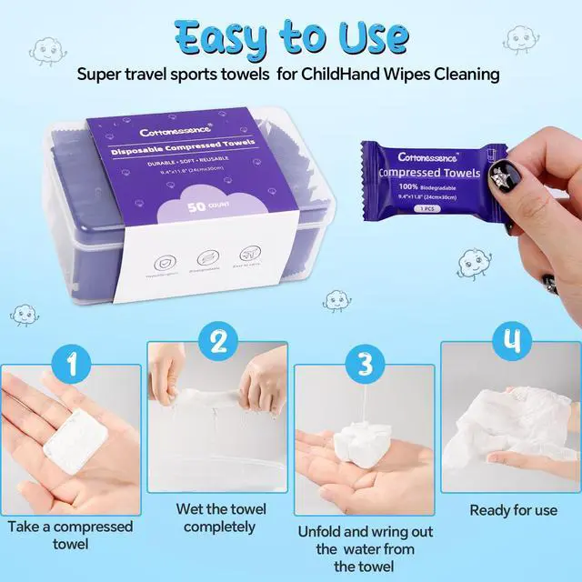 Alt view image 3 of 7 - Premium Compressed Towels (50-Pack) - 9.4" x 11.8" Individually Wrapped Coin Tissues, Portable Towels for Travel, Hiking, Gym, Spa, Beauty Salon, Makeup, Baby Care, Outdoor Use