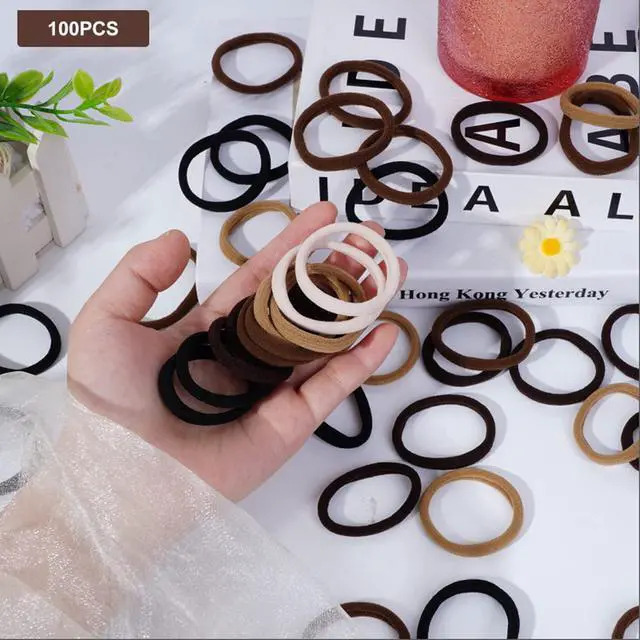Alt view image 7 of 7 - 100 Pcs Elastic Hair Ties, Thick Seamless Hair Bands No Damage Soft Ponytail Holders Hair Accessories for Girls Women, Neutral