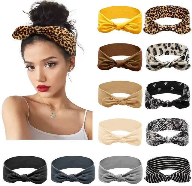 Main image of 12 Pack Bow Headbands for Women Elastic Headwraps Hair Band Knotted Headband Rabbit Ears Turban Fashion Sport Cute Hair Accessories