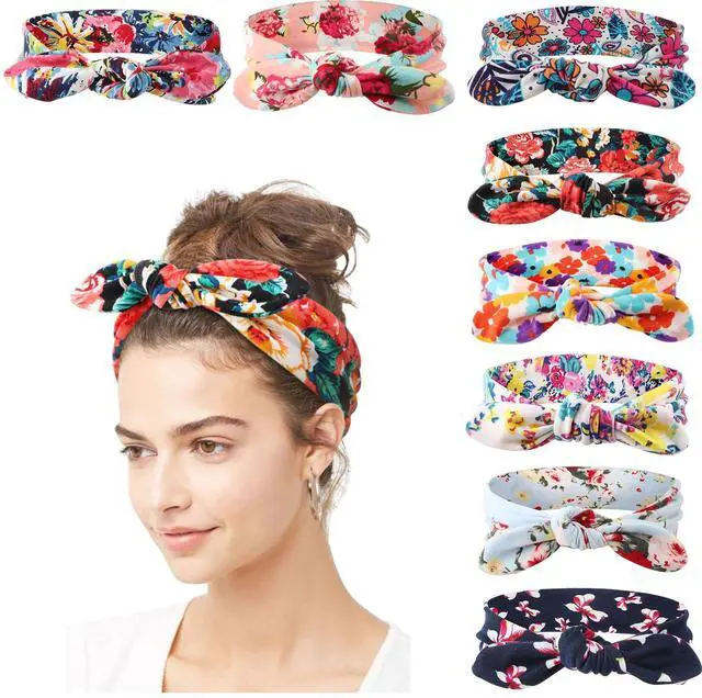 Main image of 8 Pack Adjustable Knotted Headbands Cotton Elastic Non Slip Hair Bands Floral Yoga Headbands for Women and Girls