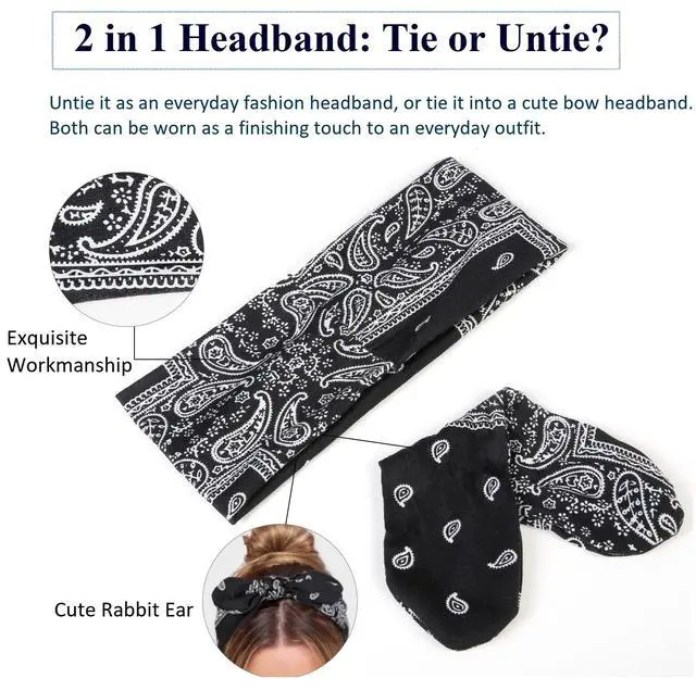 Alt view image 4 of 6 - Paisley Bandana Headbands: Cute Summer Hair Accessories - Wide Knotted Bow Headband, Rabbit Ears Turban Headwraps for Women and Girls