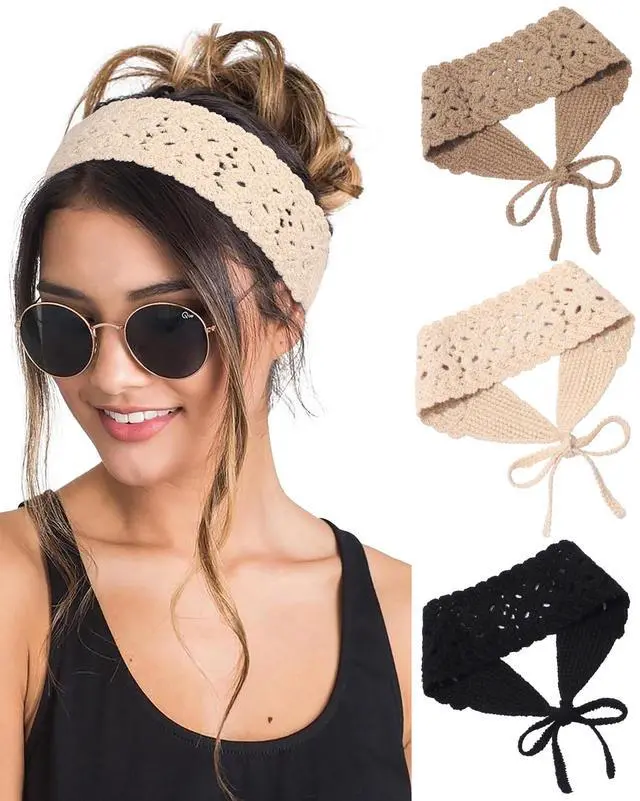 Main image of 3Pcs Boho Headbands for Women Crochet Knit Hair Bandana Hippie Hair Band | Boho Hair Scarf,Cotton Knitted MaterialHeadband for Beach Vacations, Music Festivals, Everyday Life(Black+Beige+Coffee)