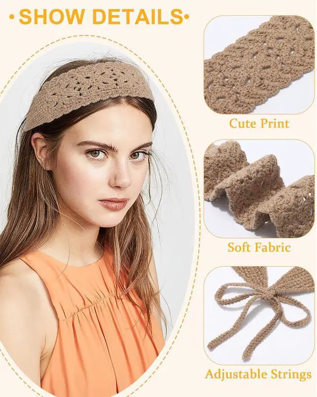 Alt view image 2 of 7 - 3Pcs Boho Headbands for Women Crochet Knit Hair Bandana Hippie Hair Band | Boho Hair Scarf,Cotton Knitted MaterialHeadband for Beach Vacations, Music Festivals, Everyday Life(Black+Beige+Coffee)