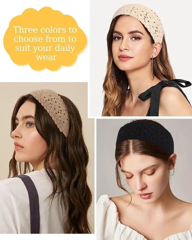 Alt view image 4 of 7 - 3Pcs Boho Headbands for Women Crochet Knit Hair Bandana Hippie Hair Band | Boho Hair Scarf,Cotton Knitted MaterialHeadband for Beach Vacations, Music Festivals, Everyday Life(Black+Beige+Coffee)
