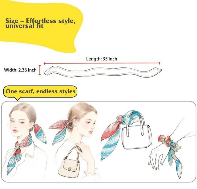 Alt view image 4 of 7 - Hair Scarf for Women, 35"x2.36" Lightweight Silk Headband, Purse & Bag Scarves Gift Collection