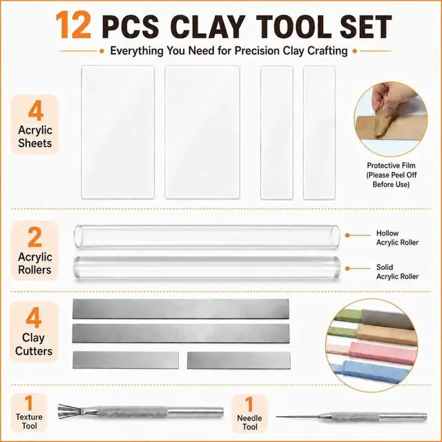 Alt view image 3 of 7 - 12 Pcs Polymer Clay Tools Kit, Acrylic Roller Rolling Pin Cutters