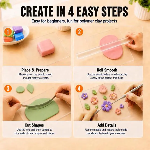 Alt view image 4 of 7 - 12 Pcs Polymer Clay Tools Kit, Acrylic Roller Rolling Pin Cutters