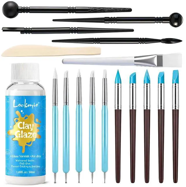 Main image of 17PCS Silicone Clay Sculpting Tools, Dual-Ended Dotting Tools Set with 1.7 FL OZ Air Dry Clay Glaze for Pottery, Ceramic Modeling, Rock Painting, Art Blending - Ideal for Adults & Kids DIY Crafts