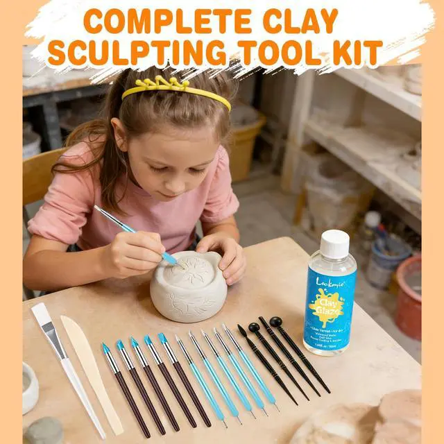 Alt view image 2 of 7 - 17PCS Silicone Clay Sculpting Tools, Dual-Ended Dotting Tools Set with 1.7 FL OZ Air Dry Clay Glaze for Pottery, Ceramic Modeling, Rock Painting, Art Blending - Ideal for Adults & Kids DIY Crafts