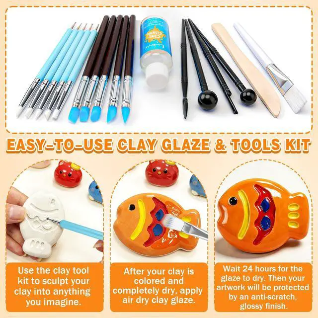 Alt view image 7 of 7 - 17PCS Silicone Clay Sculpting Tools, Dual-Ended Dotting Tools Set with 1.7 FL OZ Air Dry Clay Glaze for Pottery, Ceramic Modeling, Rock Painting, Art Blending - Ideal for Adults & Kids DIY Crafts
