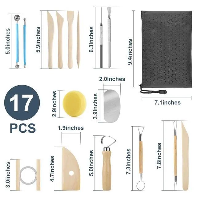 Alt view image 2 of 7 - Pottery Tool Kit, 17pcs Polymer Clay Tools, Modeling Clay Sculpting Tools Kit, Ceramics Tools, Trimming, Embossing Pattern, Smooth Wooden Handles