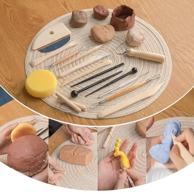 Alt view image 3 of 7 - Pottery Tool Kit, 17pcs Polymer Clay Tools, Modeling Clay Sculpting Tools Kit, Ceramics Tools, Trimming, Embossing Pattern, Smooth Wooden Handles
