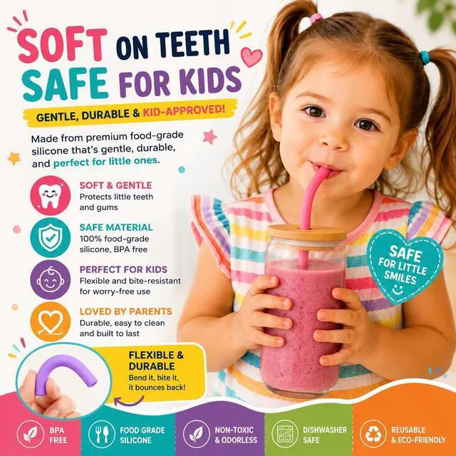Alt view image 2 of 7 - Reusable Silicone Straws for Tumblers, Smoothies & Kids Drinks 15 Pack Flexible BPA-Free Drinking Straws with 2 Cleaning Brushes Soft on Teeth & Lips Fits 20oz & 30oz Tumblers