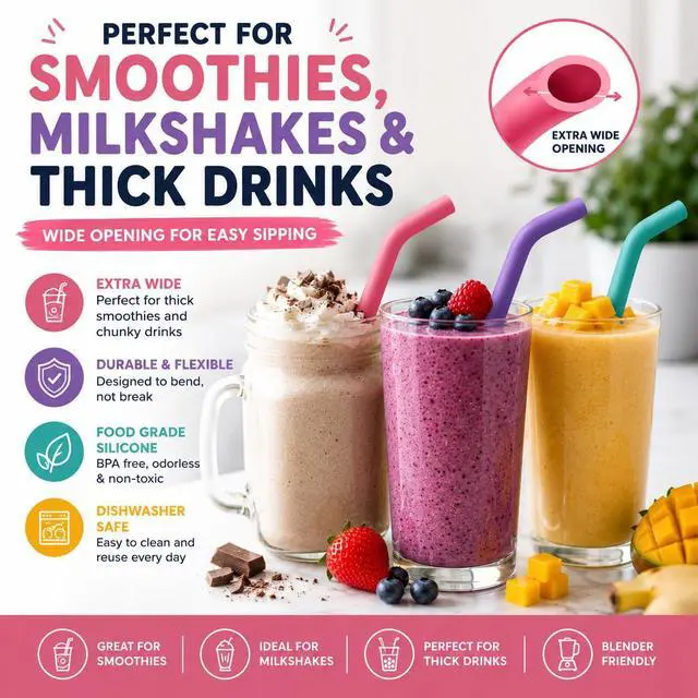 Alt view image 3 of 7 - Reusable Silicone Straws for Tumblers, Smoothies & Kids Drinks 15 Pack Flexible BPA-Free Drinking Straws with 2 Cleaning Brushes Soft on Teeth & Lips Fits 20oz & 30oz Tumblers