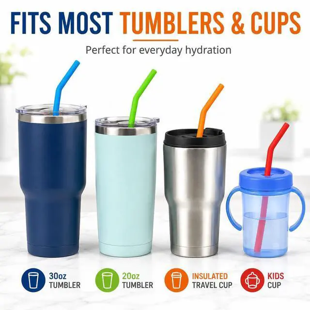 Alt view image 4 of 7 - Reusable Silicone Straws for Tumblers, Smoothies & Kids Drinks 15 Pack Flexible BPA-Free Drinking Straws with 2 Cleaning Brushes Soft on Teeth & Lips Fits 20oz & 30oz Tumblers