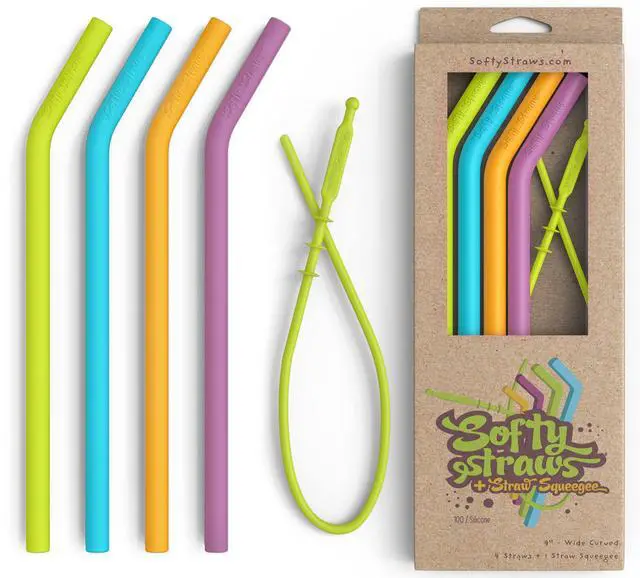 Main image of Wide Premium Reusable Silicone Drinking Straws + Patented Straw Squeegee - 9 Long With Curved Bend for 20 30 32 oz Tumblers Non Rubber, Flexible, Safe for Kids/Toddlers, Smoothie