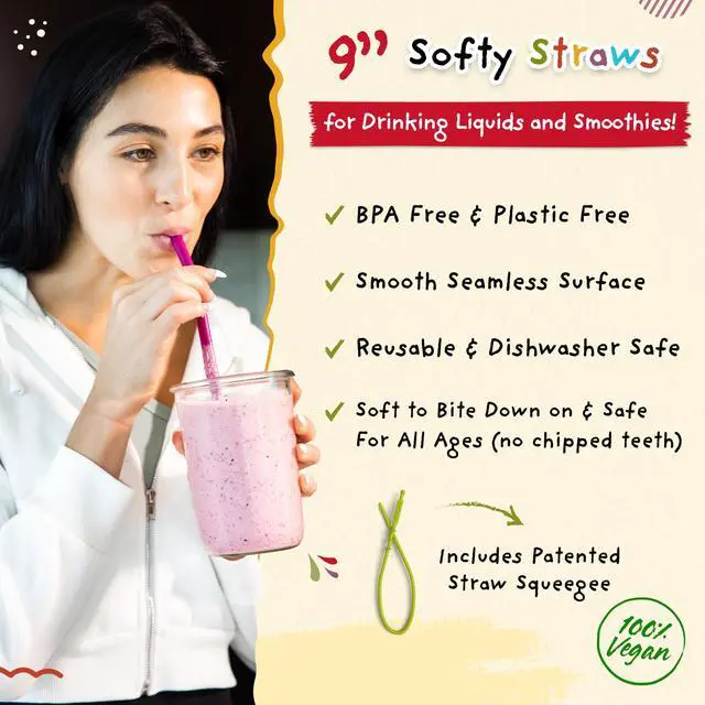 Alt view image 2 of 7 - Wide Premium Reusable Silicone Drinking Straws + Patented Straw Squeegee - 9 Long With Curved Bend for 20 30 32 oz Tumblers Non Rubber, Flexible, Safe for Kids/Toddlers, Smoothie