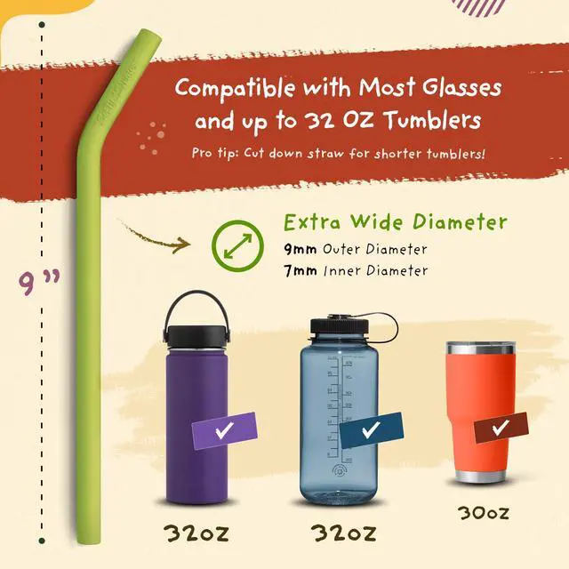 Alt view image 4 of 7 - Wide Premium Reusable Silicone Drinking Straws + Patented Straw Squeegee - 9 Long With Curved Bend for 20 30 32 oz Tumblers Non Rubber, Flexible, Safe for Kids/Toddlers, Smoothie