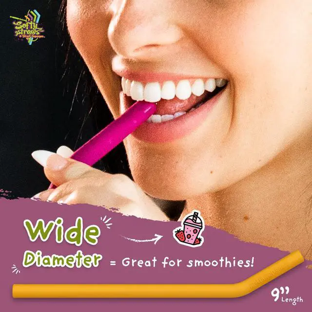 Alt view image 5 of 7 - Wide Premium Reusable Silicone Drinking Straws + Patented Straw Squeegee - 9 Long With Curved Bend for 20 30 32 oz Tumblers Non Rubber, Flexible, Safe for Kids/Toddlers, Smoothie
