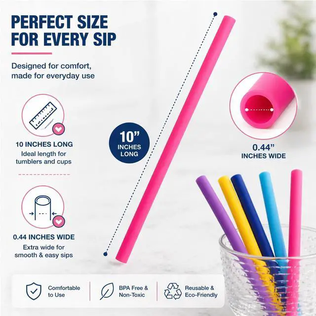 Alt view image 3 of 7 - Reusable Silicone Drinking Straws 10" Long Set of 5 | Free Cleaning Brush