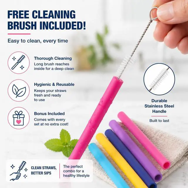 Alt view image 2 of 7 - Reusable Silicone Drinking Straws 10" Long Set of 5 | Free Cleaning Brush