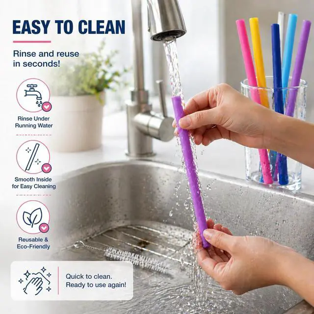 Alt view image 5 of 7 - Reusable Silicone Drinking Straws 10" Long Set of 5 | Free Cleaning Brush
