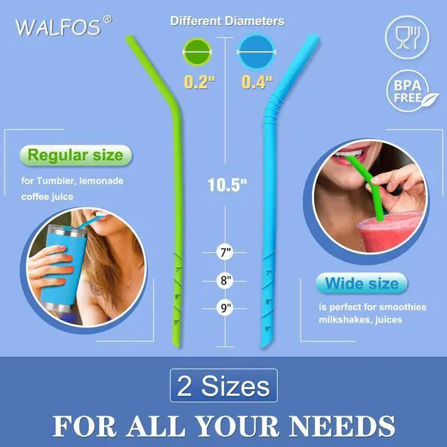 Alt view image 2 of 7 - Reusable Silicone Straw - 2 Size Flexible Drinking Bendy Straws for Smoothies/20 & 30 oz Tumblers, BPA Free (4 Wide Straws + 4 Regular Straw + 2 Cleaning Brushes Excluding storage bag