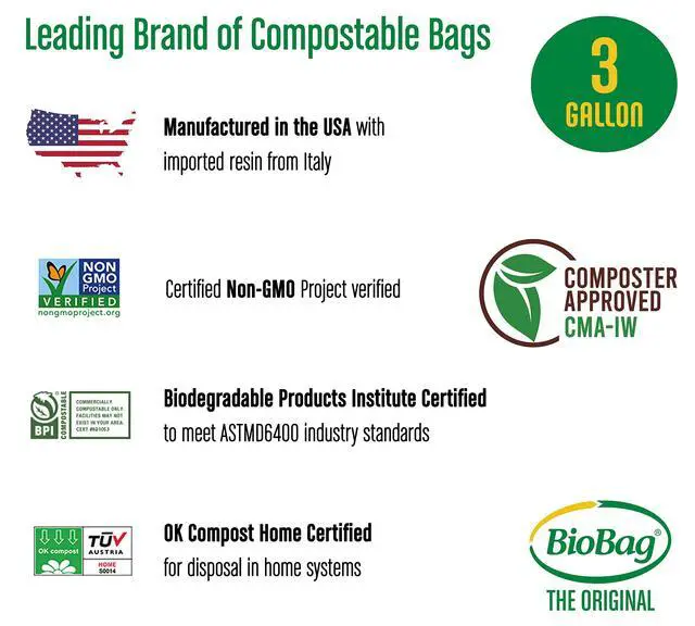 Alt view image 2 of 5 - 3 Gallon Compostable Food Scrap Bags by BioBag, 100 Count, BPI Certified, Meets ASTM D6400 Standards, Made in USA, Kitchen Trash Bin Liners