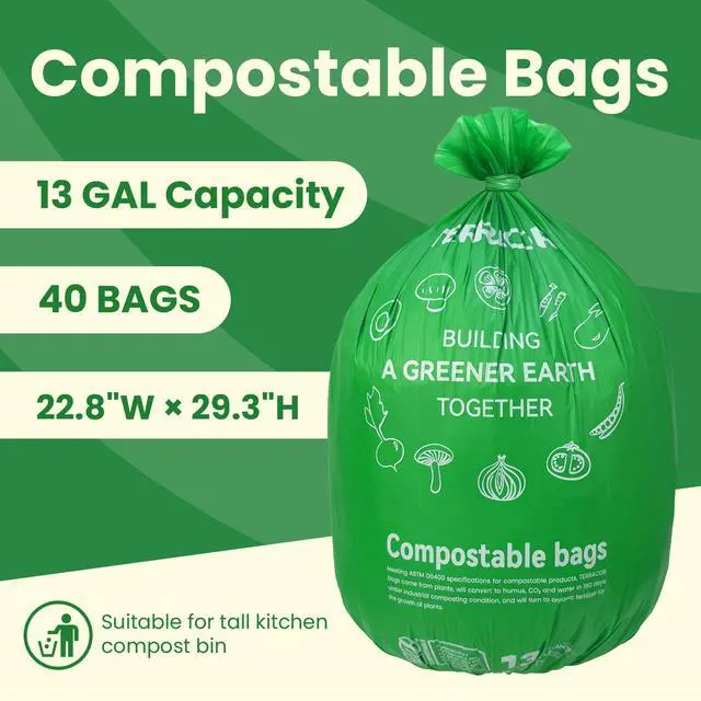 Alt view image 2 of 7 - 13 Gallon Compostable Trash Bags, 40 Bags Compost Bags for Countertop Bin, Camping Toilet Bags for Portable Toilet, BPI Certified and Meet The ASTM D6400 Standard