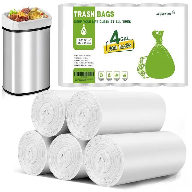 Main image of 4 Gallon Biodegradable-Trash-Bag Small-Garbage-Bags For Bathroom - White Compostable 200 Count Unscented Kitchen Can Liners Office Waste Basket 15L Tiny Recyclable Acqkunlo