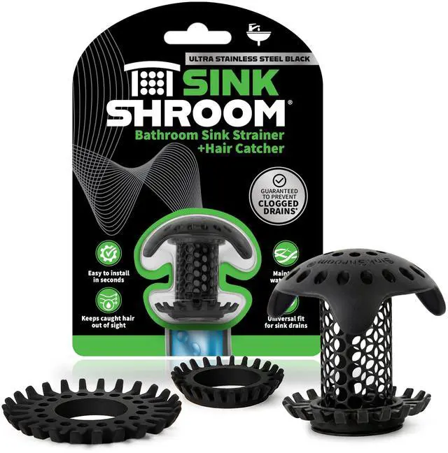Main image of Ultra Bathroom Sink Drain Protector, Stainless Steel, Matte Black, Hair Catcher with Multiple Drain Adapters