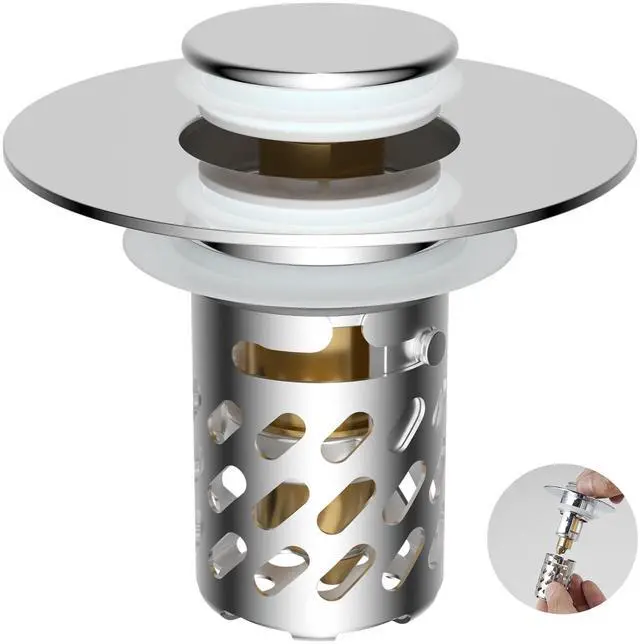 Main image of Universal Metal Bathroom Sink Stopper with Hair Catcher Strainer, Chrome