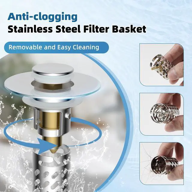Alt view image 3 of 7 - Universal Metal Bathroom Sink Stopper with Hair Catcher Strainer, Chrome
