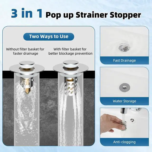 Alt view image 2 of 7 - Universal Metal Bathroom Sink Stopper with Hair Catcher Strainer, Chrome