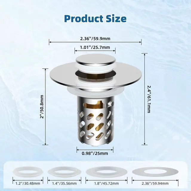 Alt view image 6 of 7 - Universal Metal Bathroom Sink Stopper with Hair Catcher Strainer, Chrome