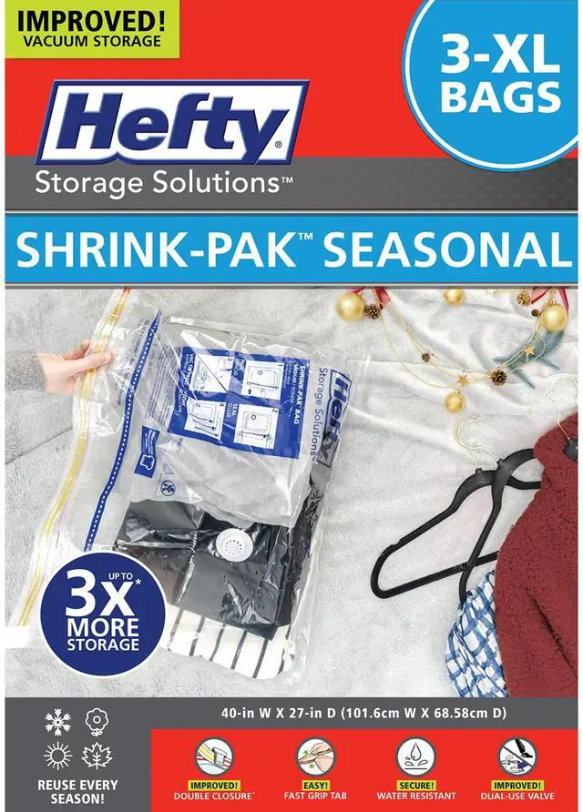 Main image of Hefty 3 Extra Large Vacuum Storage Bags for Clothes, Pillows, Towels, or Blankets - Space Saver Vacuum Sealer Bags Ideal Under Bed Storage Solutions