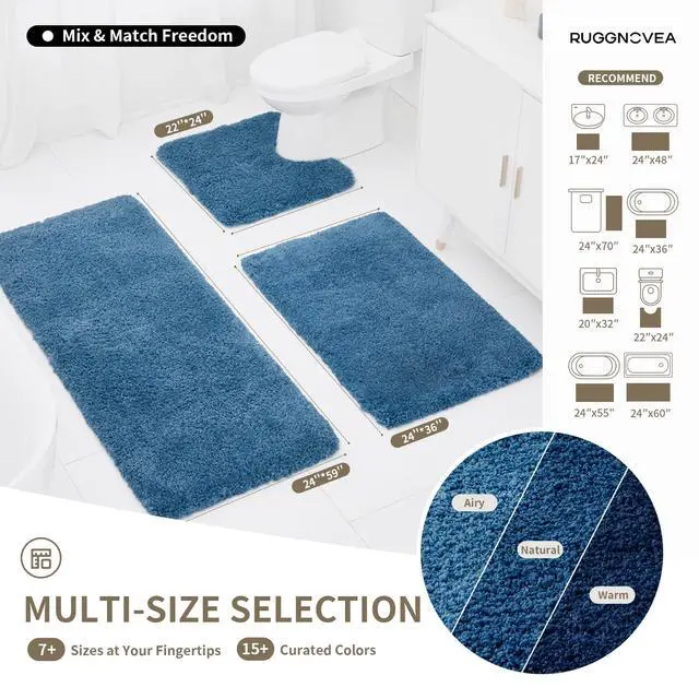 Alt view image 2 of 6 - Bathroom Rugs Non Slip Washable, Ultra Thick Soft Microfiber Absorbent Bath Mats, High Density Foam Latex Non Slip Backing Bath Rugs, Fluffy Floor Carpet for Tub&Shower 24x17, Blue