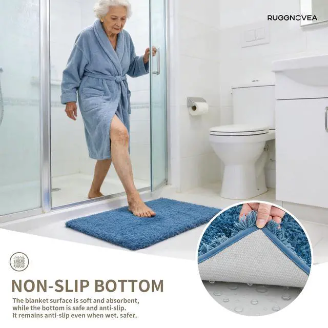 Alt view image 5 of 6 - Bathroom Rugs Non Slip Washable, Ultra Thick Soft Microfiber Absorbent Bath Mats, High Density Foam Latex Non Slip Backing Bath Rugs, Fluffy Floor Carpet for Tub&Shower 24x17, Blue