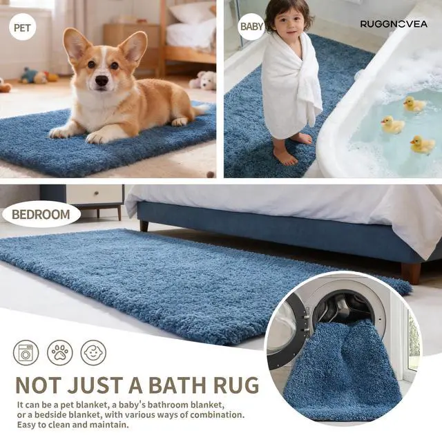 Alt view image 6 of 6 - Bathroom Rugs Non Slip Washable, Ultra Thick Soft Microfiber Absorbent Bath Mats, High Density Foam Latex Non Slip Backing Bath Rugs, Fluffy Floor Carpet for Tub&Shower 24x17, Blue