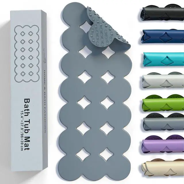 Main image of Bathtub Mat Non Slip: Extra Long Rubber Bath Mat for Tub with Strong Suction Cups 15.4" x 37.8" Anti Slip Shower Mat, Big Drain Holes Bathroom Mats for Tub & Shower, Circle-Grey