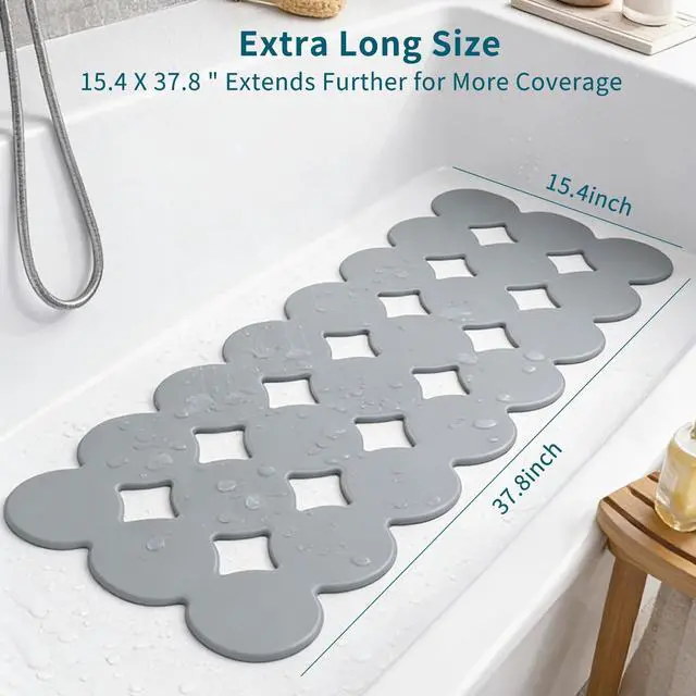 Alt view image 2 of 7 - Bathtub Mat Non Slip: Extra Long Rubber Bath Mat for Tub with Strong Suction Cups 15.4" x 37.8" Anti Slip Shower Mat, Big Drain Holes Bathroom Mats for Tub & Shower, Circle-Grey
