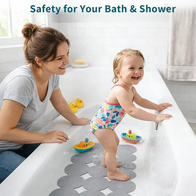 Alt view image 4 of 7 - Bathtub Mat Non Slip: Extra Long Rubber Bath Mat for Tub with Strong Suction Cups 15.4" x 37.8" Anti Slip Shower Mat, Big Drain Holes Bathroom Mats for Tub & Shower, Circle-Grey