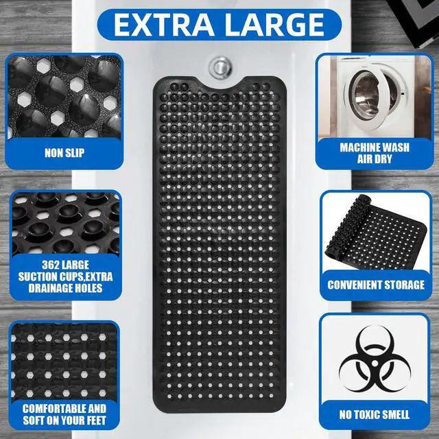 Alt view image 3 of 7 - Bath Tub and Shower Mats, Non-Slip 39 x 16 Inch Extra Long Bath Mat, Machine Washable Bathtub Mat with Drain Holes, Suction Cups for Bathroom (Black)